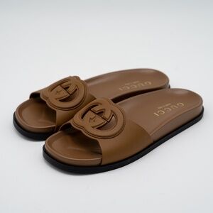 size 39G 9 US Gucci Brown Leather Sandals GG Cut Out Interlocking
